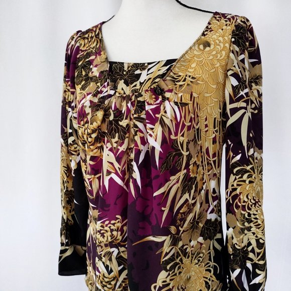 Tahari Purple and Gold Floral Print Oversized Fit Blouse Size M / L - Picture 7 of 11